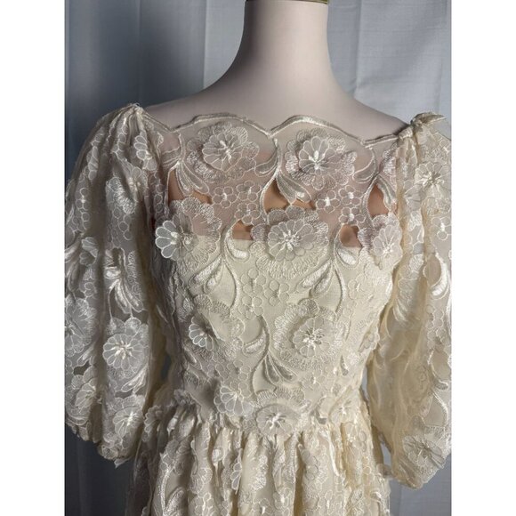 Vintage Richilene Lace Dress With Embroidered Floral Design & Puff Sleeves - Picture 8 of 12